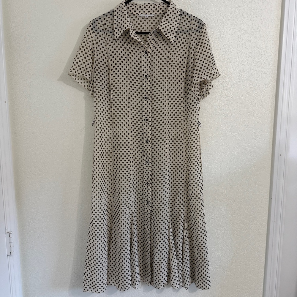 90s Grunge Brown Polka Dot Collared Shirt Dress Chiffon Dress size 10/Large